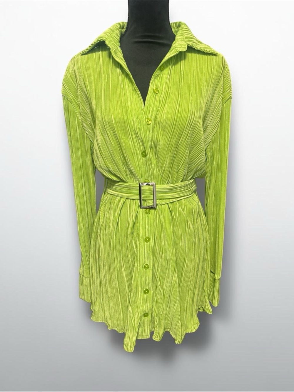 Pleated Button-Front Mini Dress with Belt - Neon Lime